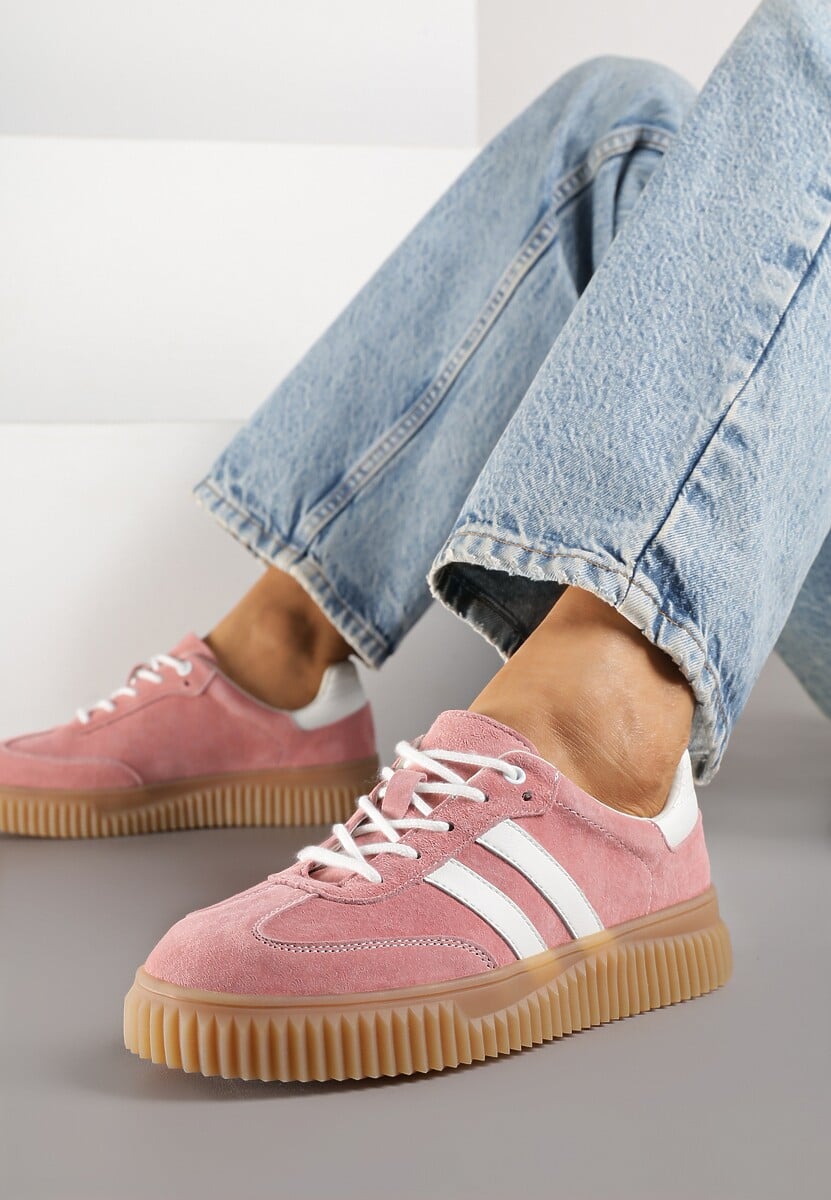 Różowe Zamszowe Sneakersy w Stylu Kultowych Tenisówek ze Skórzaną Wkładką i Wzorem w Panterkę Tenannia 2