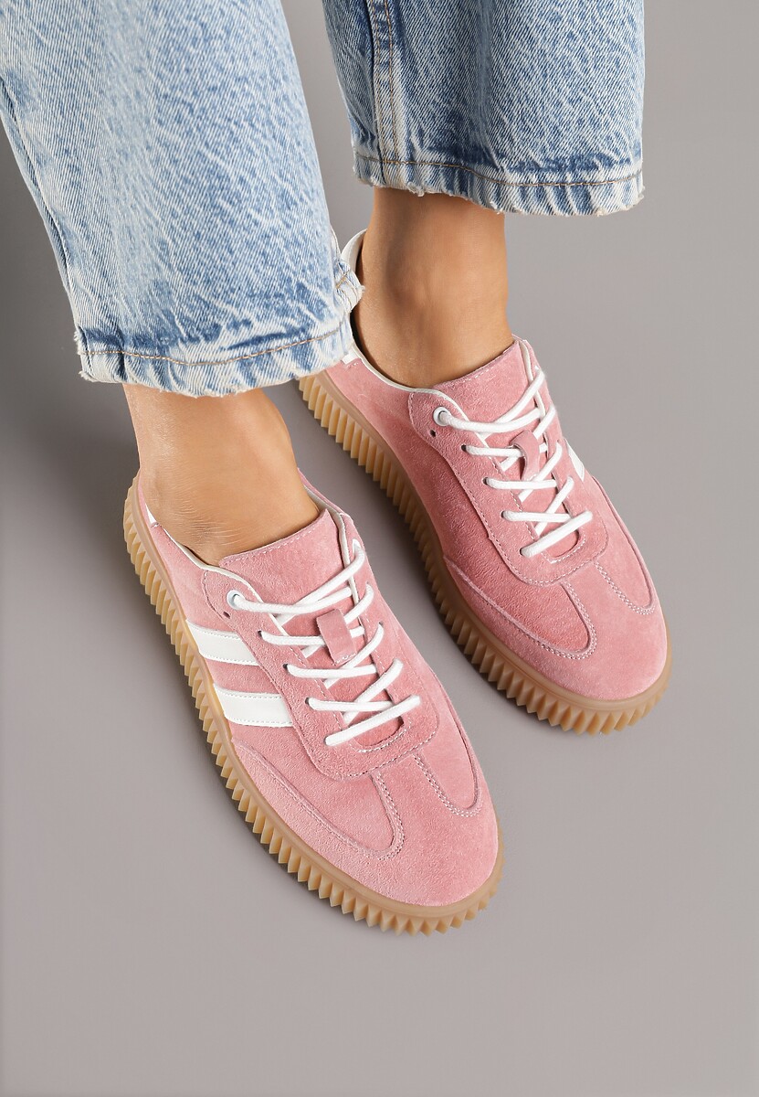 Różowe Zamszowe Sneakersy w Stylu Kultowych Tenisówek ze Skórzaną Wkładką i Wzorem w Panterkę Tenannia 3