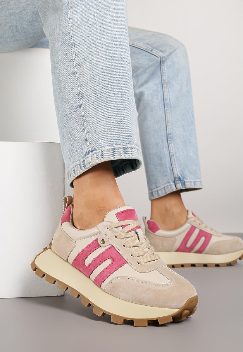 Beżowo-Fuksjowe Sneakersy ze Skóry Naturalnej Ozdobione Geometrycznym Wzorem Melassea 1