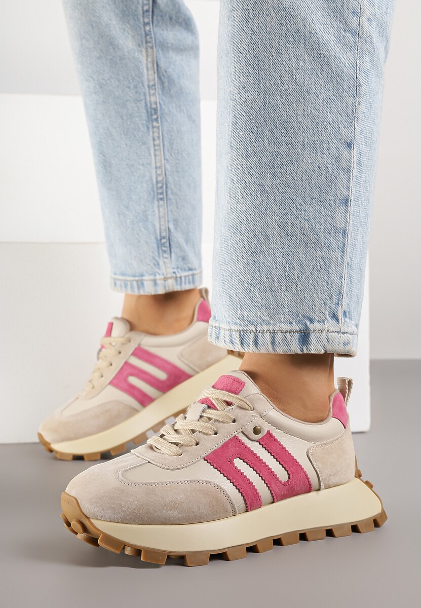 Beżowo-Fuksjowe Sneakersy ze Skóry Naturalnej Ozdobione Geometrycznym Wzorem Melassea 2