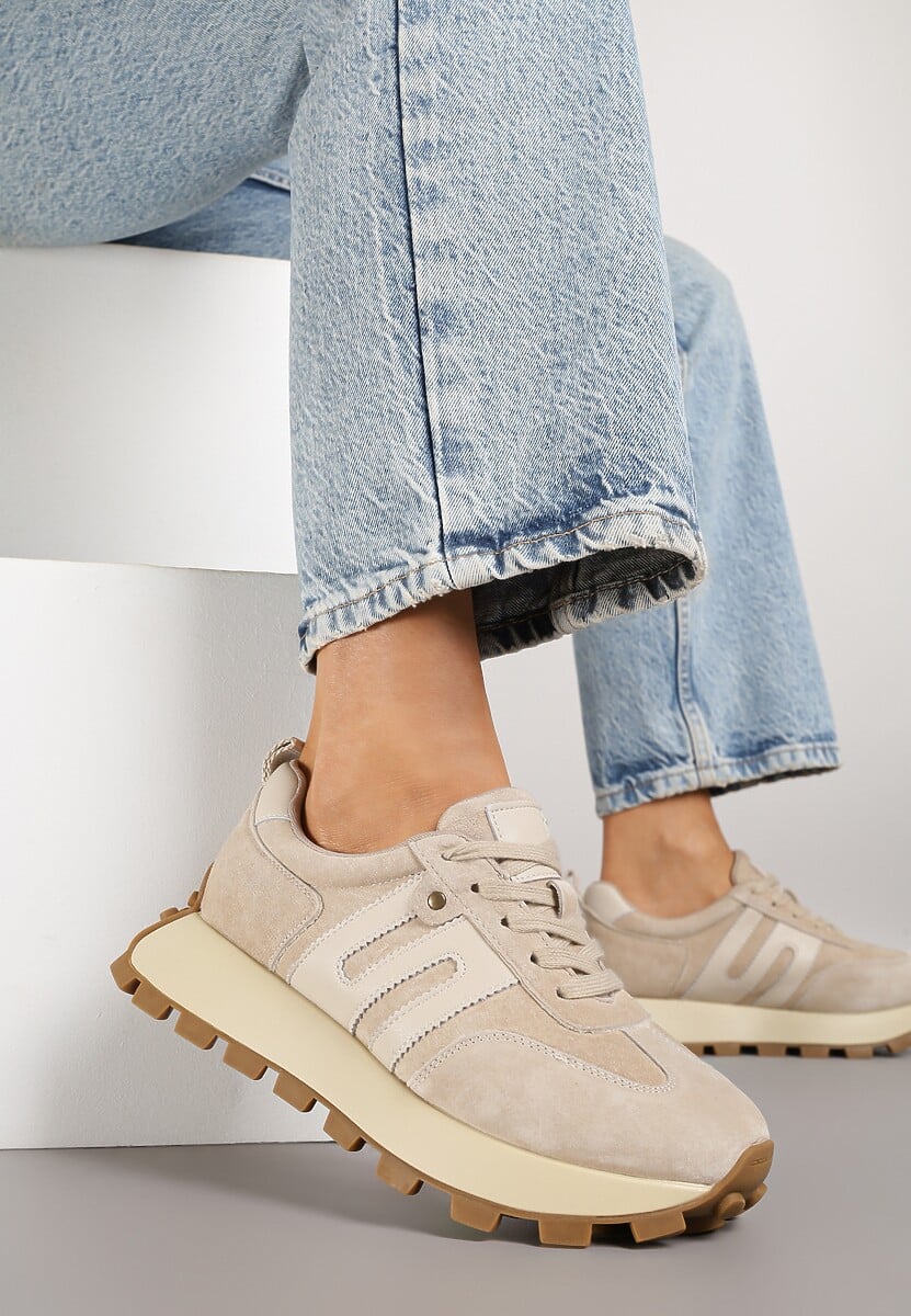 Beżowe Sneakersy ze Skóry Naturalnej Ozdobione Geometrycznym Wzorem Melassea 1