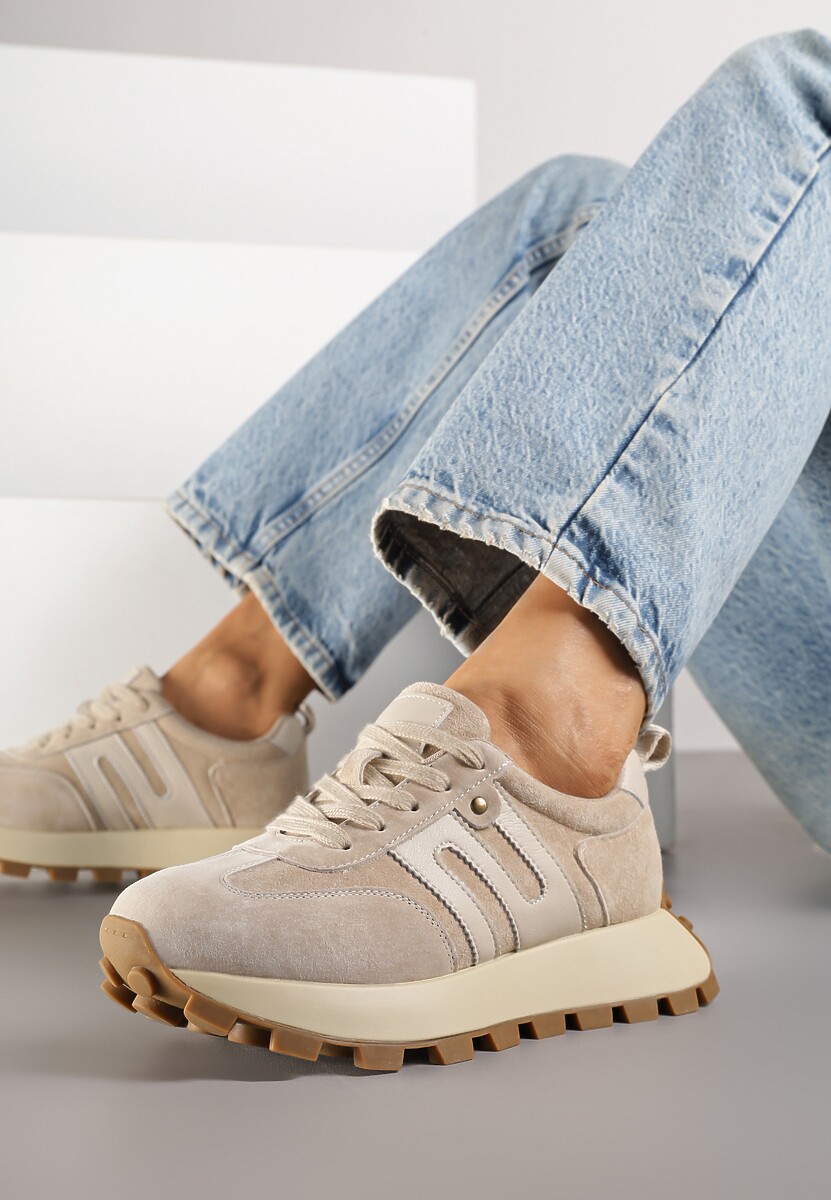 Beżowe Sneakersy ze Skóry Naturalnej Ozdobione Geometrycznym Wzorem Melassea 2