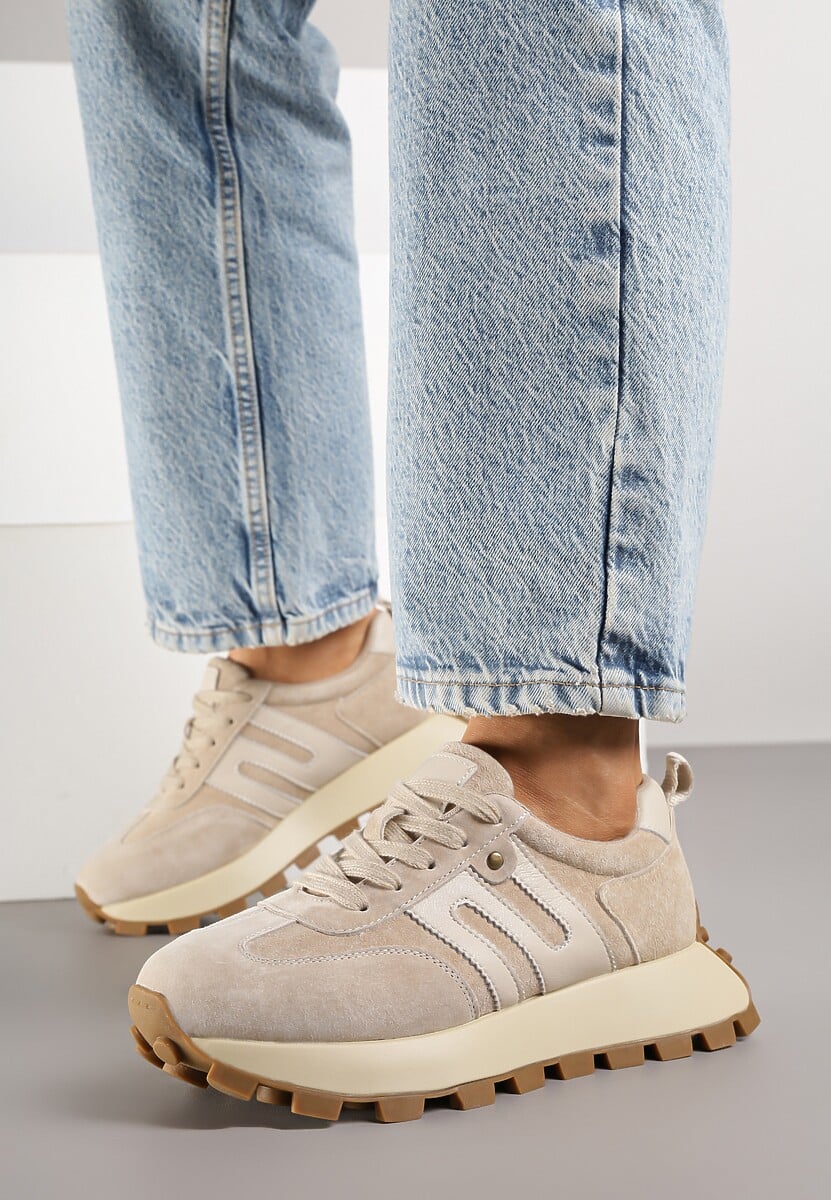 Beżowe Sneakersy ze Skóry Naturalnej Ozdobione Geometrycznym Wzorem Melassea 3