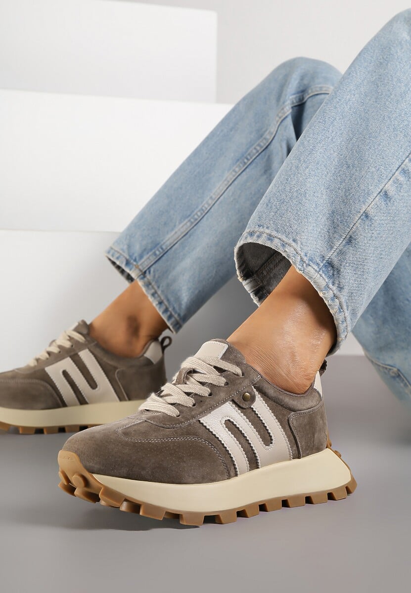 Ciemnobeżowe Sneakersy ze Skóry Naturalnej Ozdobione Geometrycznym Wzorem Melassea 1