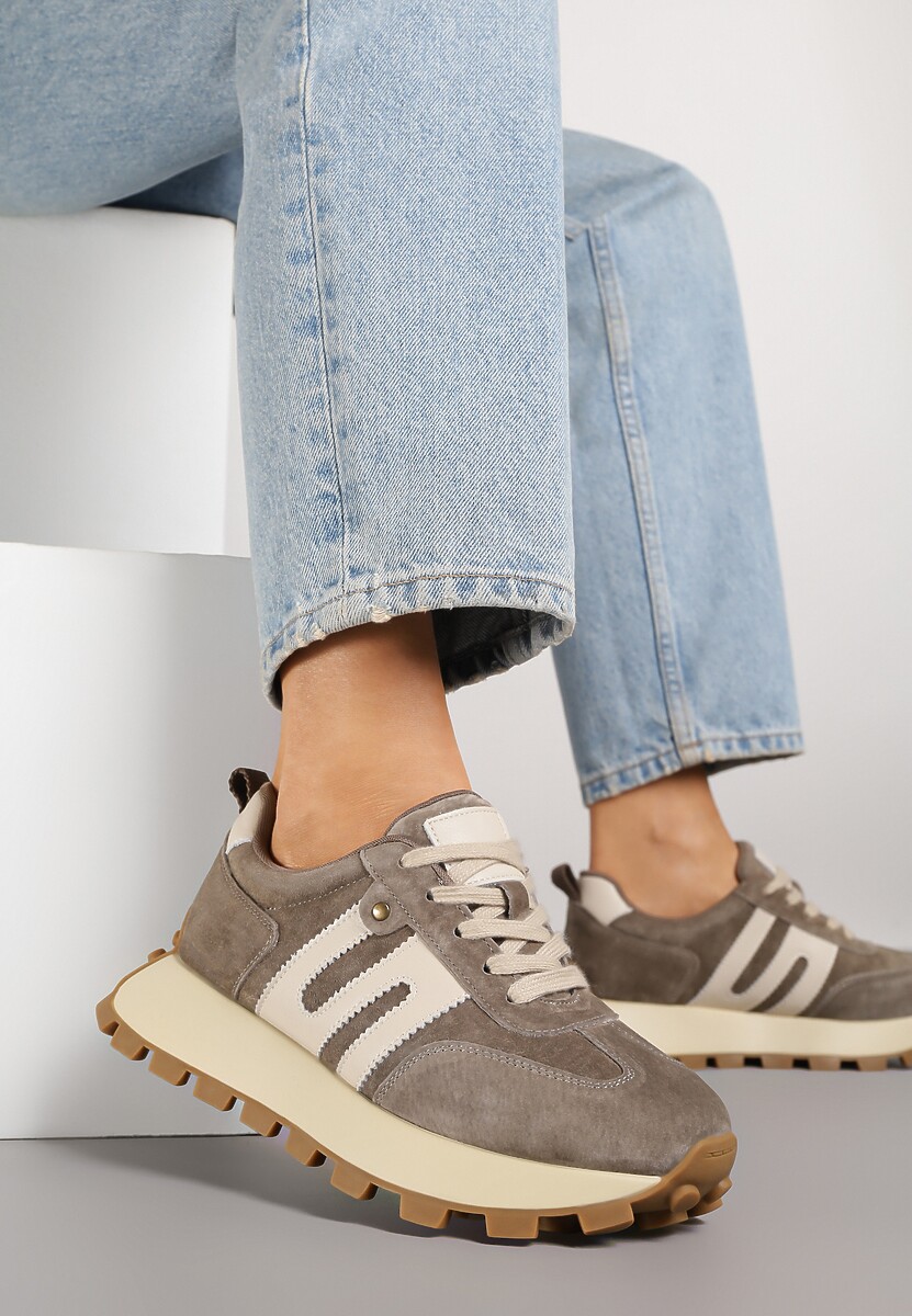 Ciemnobeżowe Sneakersy ze Skóry Naturalnej Ozdobione Geometrycznym Wzorem Melassea 2