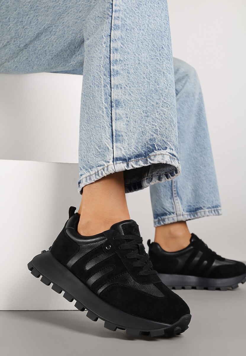 Czarne Sneakersy ze Skóry Naturalnej Ozdobione Geometrycznym Wzorem Melassea 1