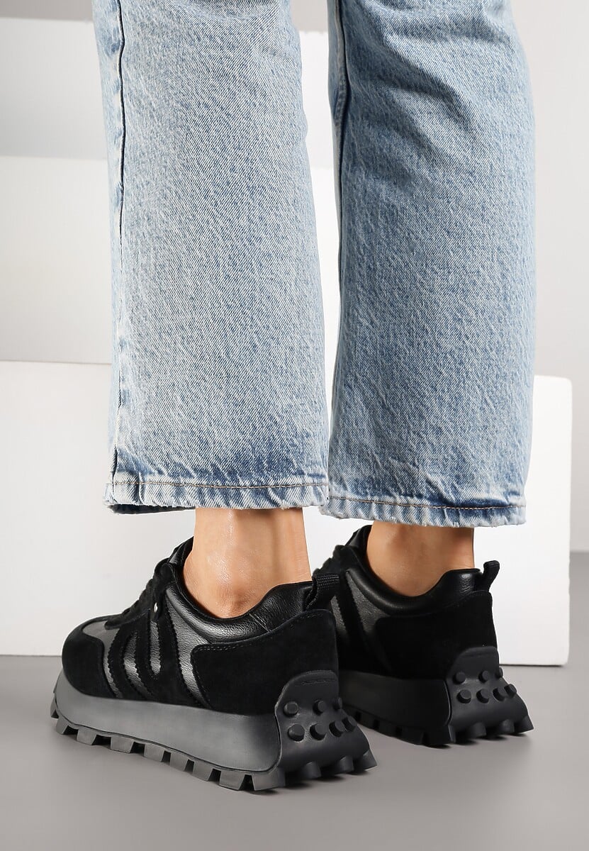 Czarne Sneakersy ze Skóry Naturalnej Ozdobione Geometrycznym Wzorem Melassea 3
