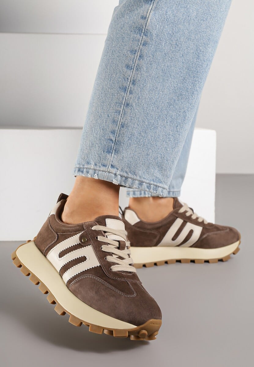Brązowe Sneakersy ze Skóry Naturalnej Ozdobione Geometrycznym Wzorem Melassea 1
