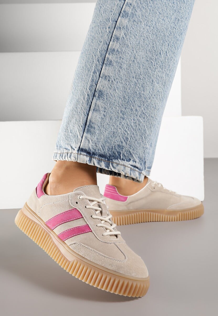 Beżowo-Fuksjowe Sneakersy Tenisówki z Wkładką ze Skóry Naturalnej Ozdobione Tłoczeniem Meluella 1