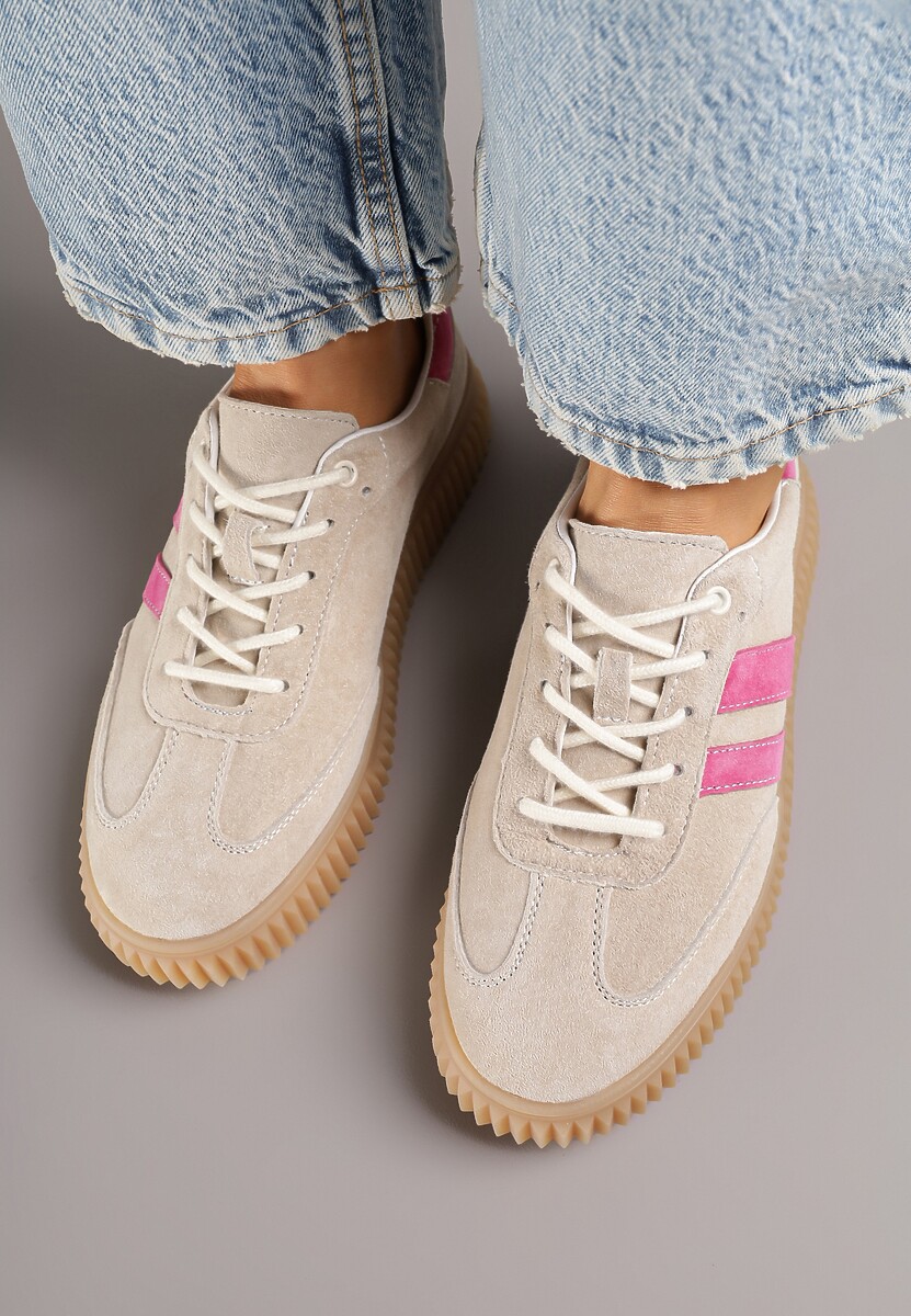 Beżowo-Fuksjowe Sneakersy Tenisówki z Wkładką ze Skóry Naturalnej Ozdobione Tłoczeniem Meluella 3