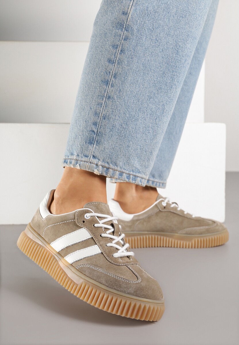 Ciemnobeżowe Sneakersy Tenisówki z Wkładką ze Skóry Naturalnej Ozdobione Tłoczeniem Meluella 1