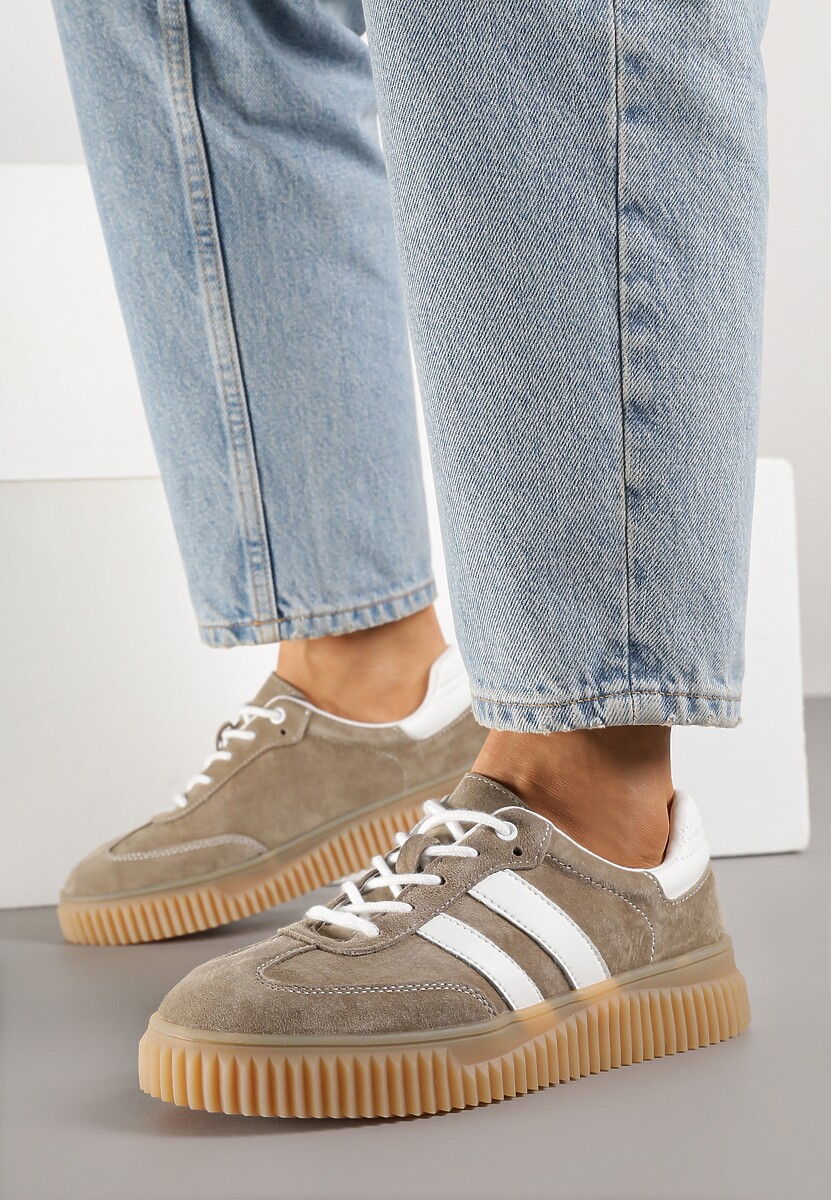 Ciemnobeżowe Sneakersy Tenisówki z Wkładką ze Skóry Naturalnej Ozdobione Tłoczeniem Meluella 2