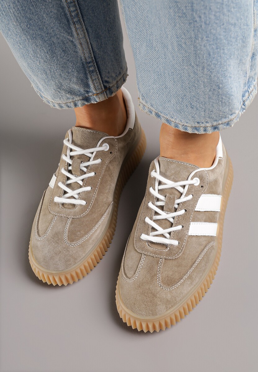 Ciemnobeżowe Sneakersy Tenisówki z Wkładką ze Skóry Naturalnej Ozdobione Tłoczeniem Meluella 3