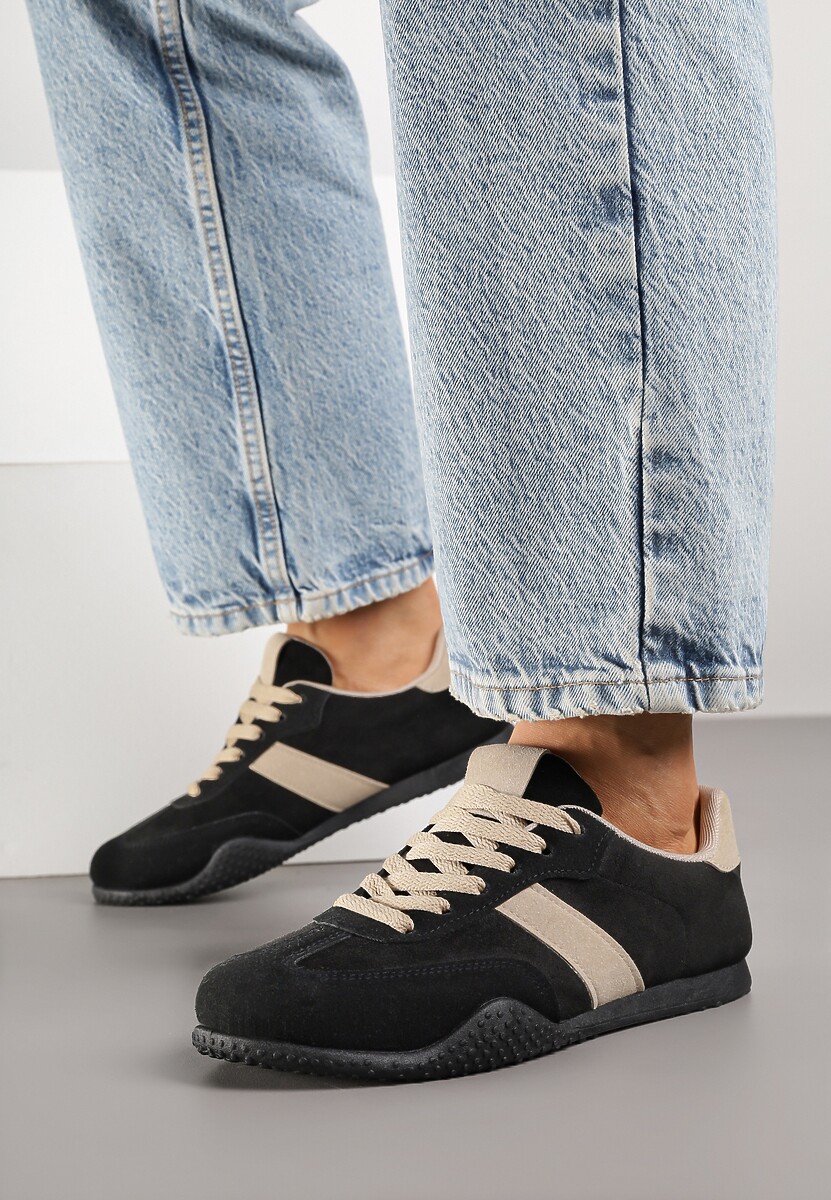 Czarno-Beżowe Sneakersy Ozdobione Tłoczeniem Halennesa 2