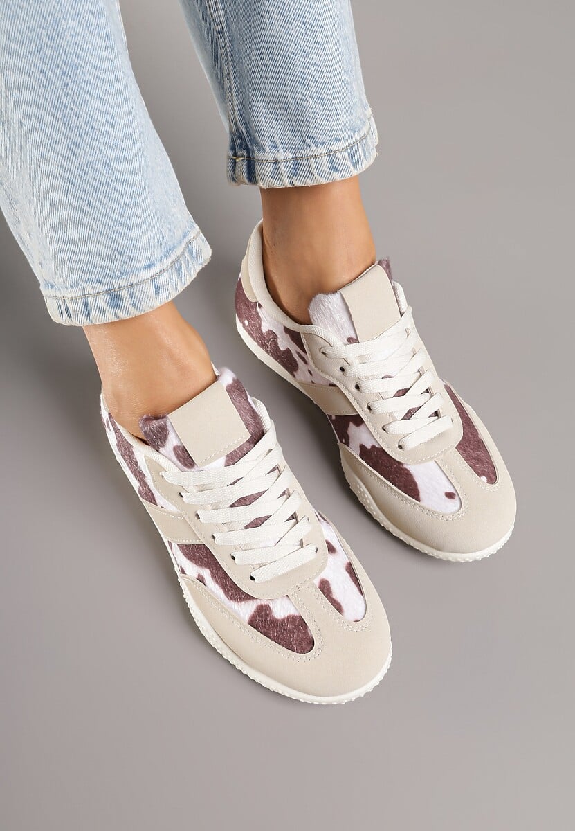 Brązowo-Białe Sneakersy Ozdobione Tłoczeniem i Wzorem w Krowie Łaty Halennesa 3