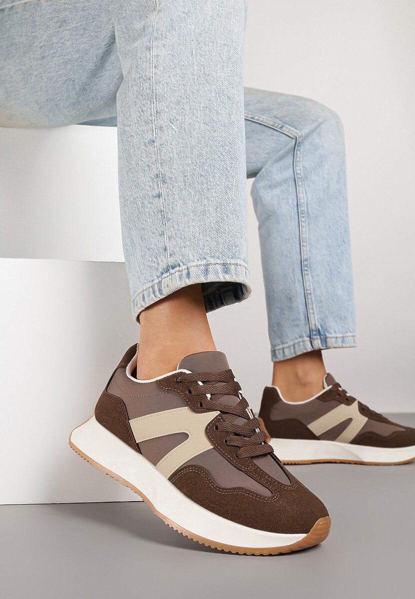Brązowe Sneakersy na Płaskiej Podeszwie z Geometryczną Wstawką w Panterkę Sewla 1