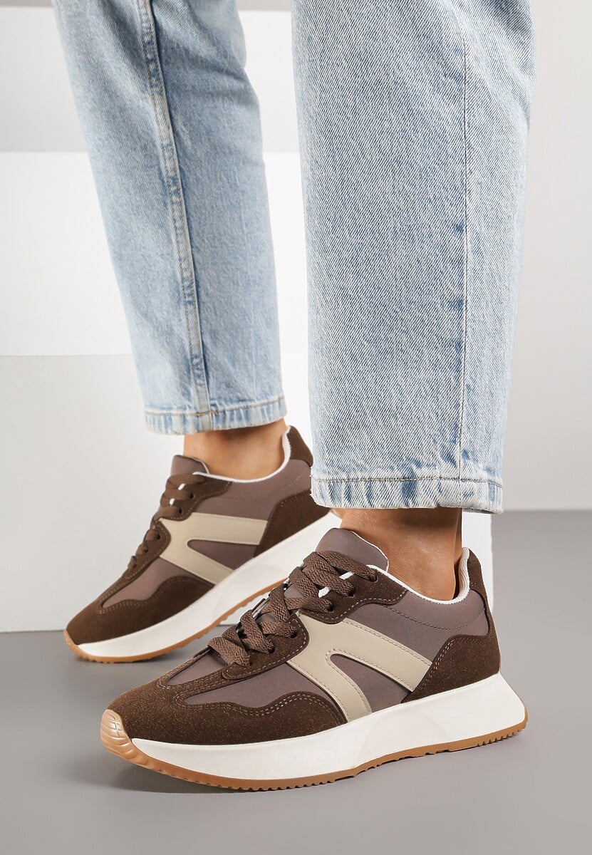 Brązowe Sneakersy na Płaskiej Podeszwie z Geometryczną Wstawką w Panterkę Sewla 2