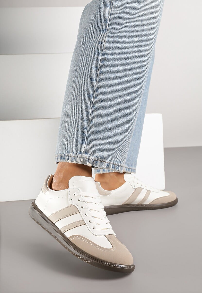 Beżowo-Białe Casualowe Sneakersy na Płaskiej Podeszwie z Paskami Jereria 1