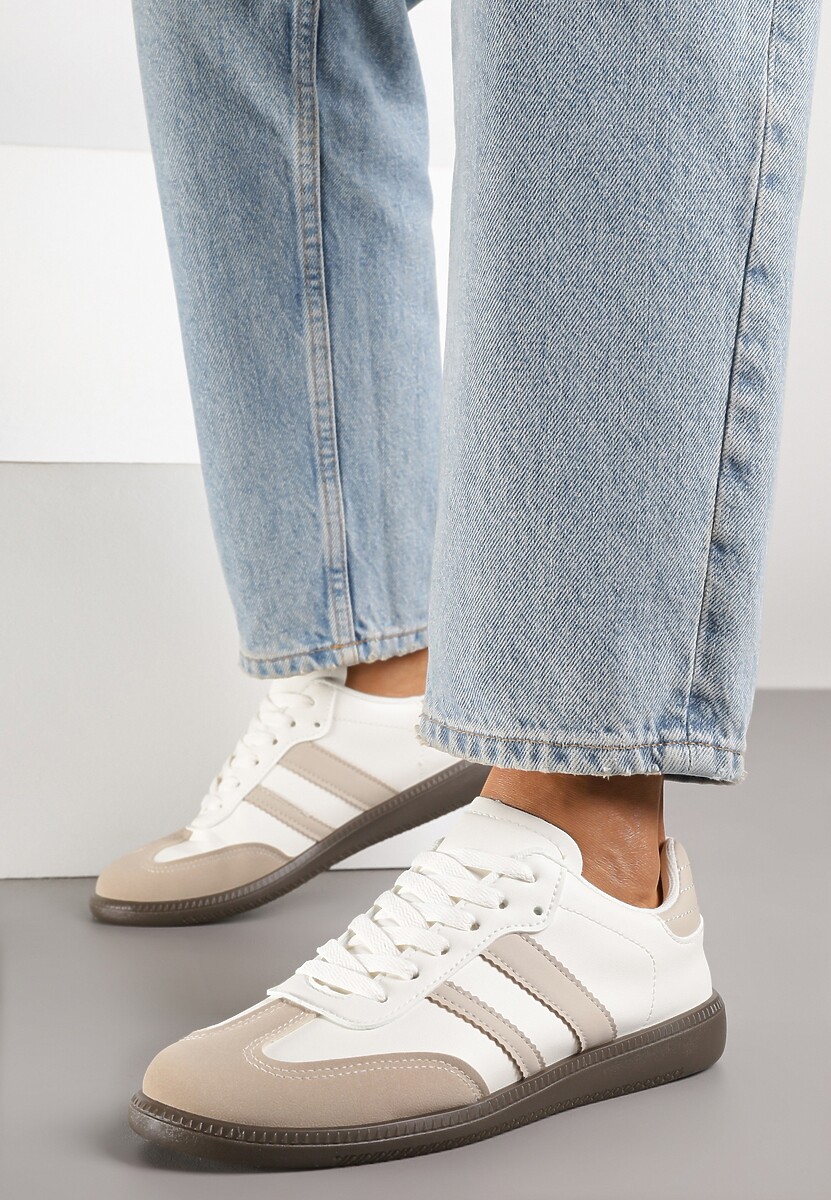 Beżowo-Białe Casualowe Sneakersy na Płaskiej Podeszwie z Paskami Jereria 2