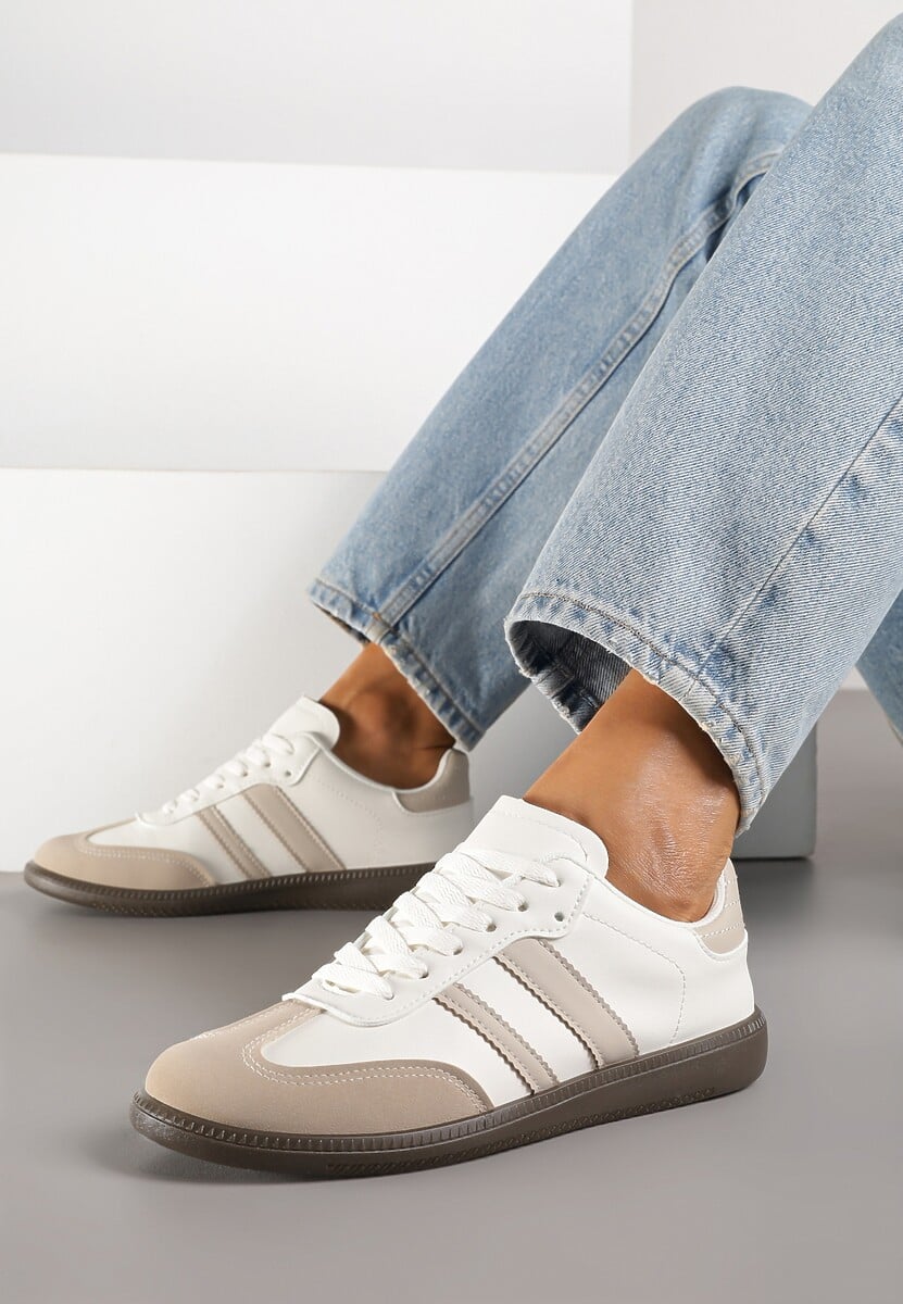 Beżowo-Białe Casualowe Sneakersy na Płaskiej Podeszwie z Paskami Jereria 3
