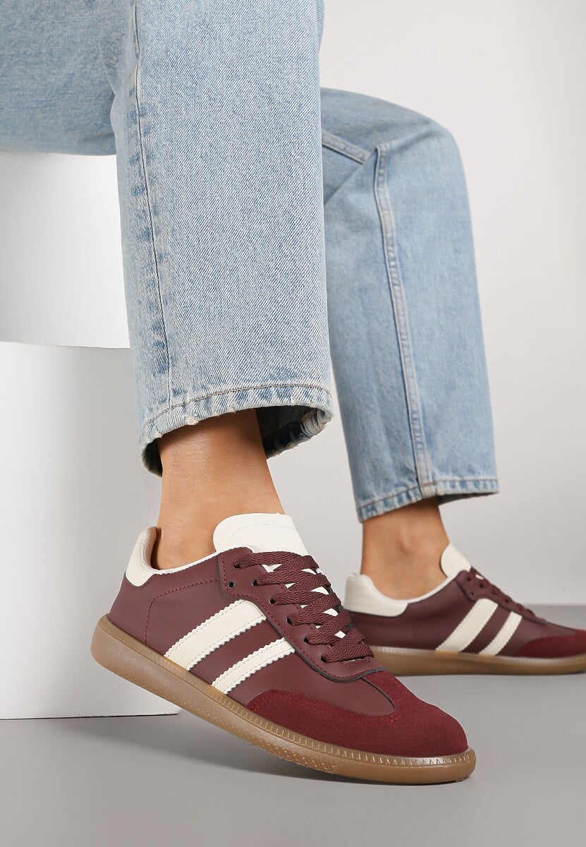 Bordowe Casualowe Sneakersy na Płaskiej Podeszwie z Paskami Jereria 1