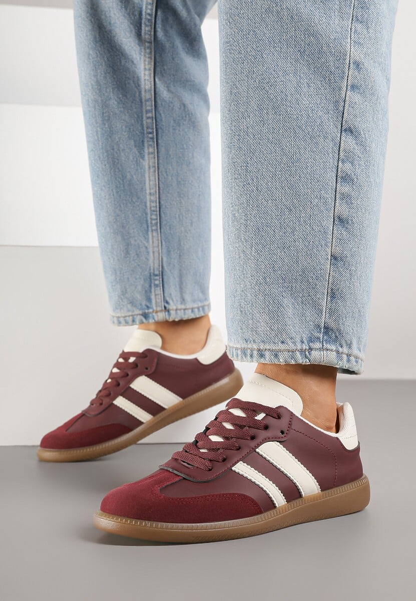 Bordowe Casualowe Sneakersy na Płaskiej Podeszwie z Paskami Jereria 2