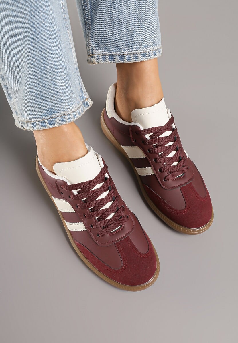 Bordowe Casualowe Sneakersy na Płaskiej Podeszwie z Paskami Jereria 3