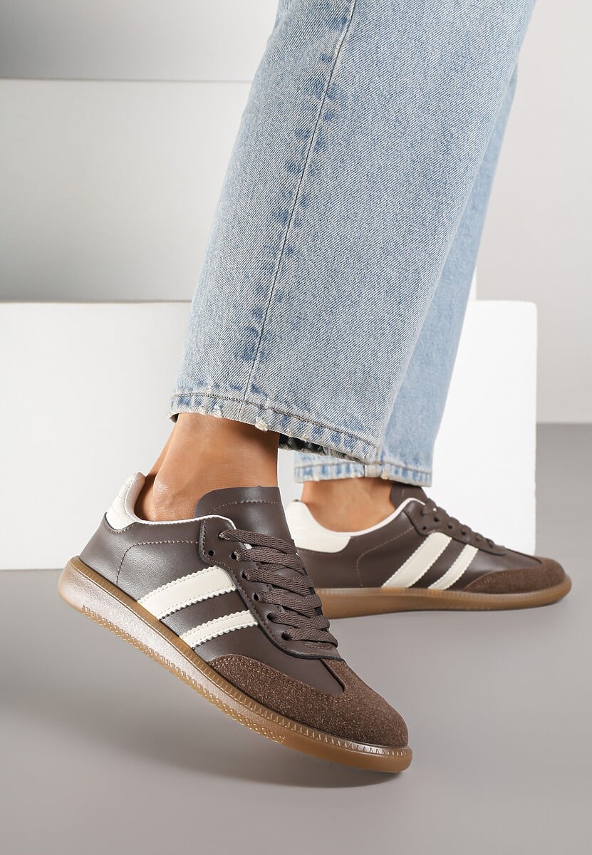 Brązowe Casualowe Sneakersy na Płaskiej Podeszwie z Paskami Jereria 1