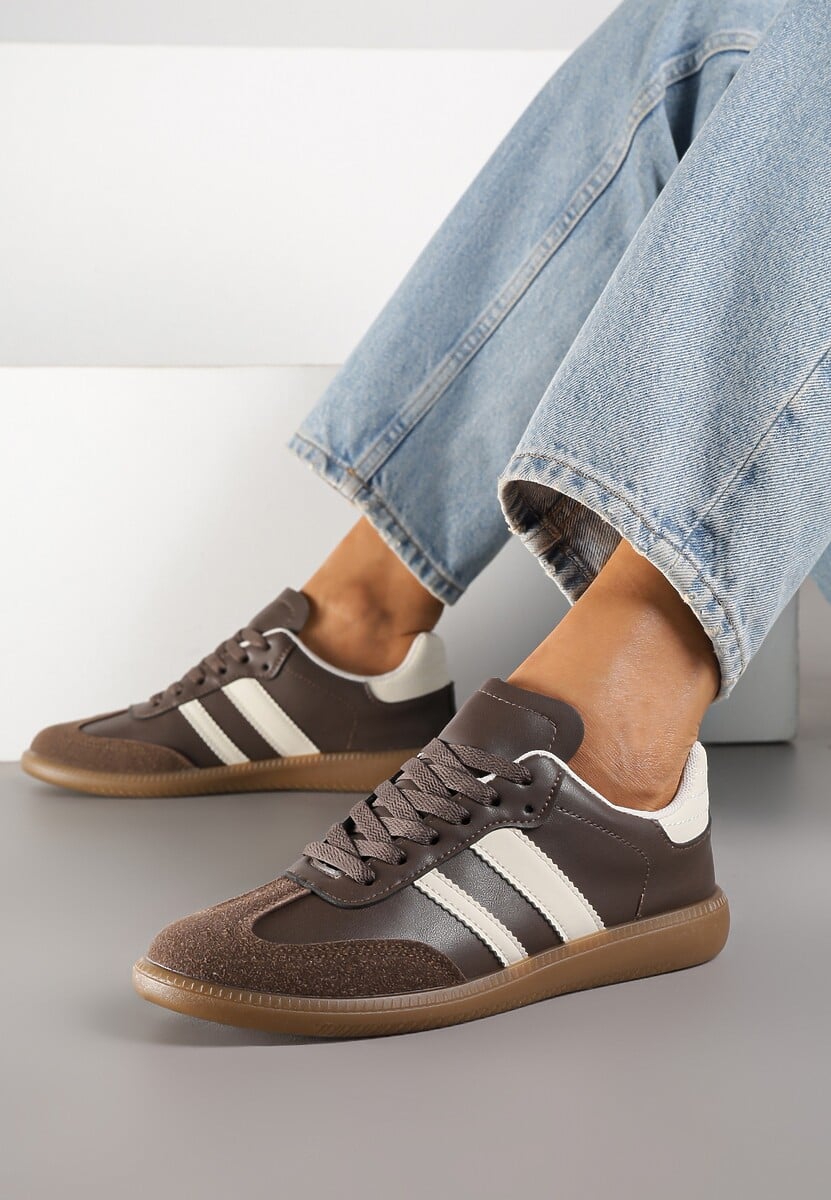 Brązowe Casualowe Sneakersy na Płaskiej Podeszwie z Paskami Jereria 3