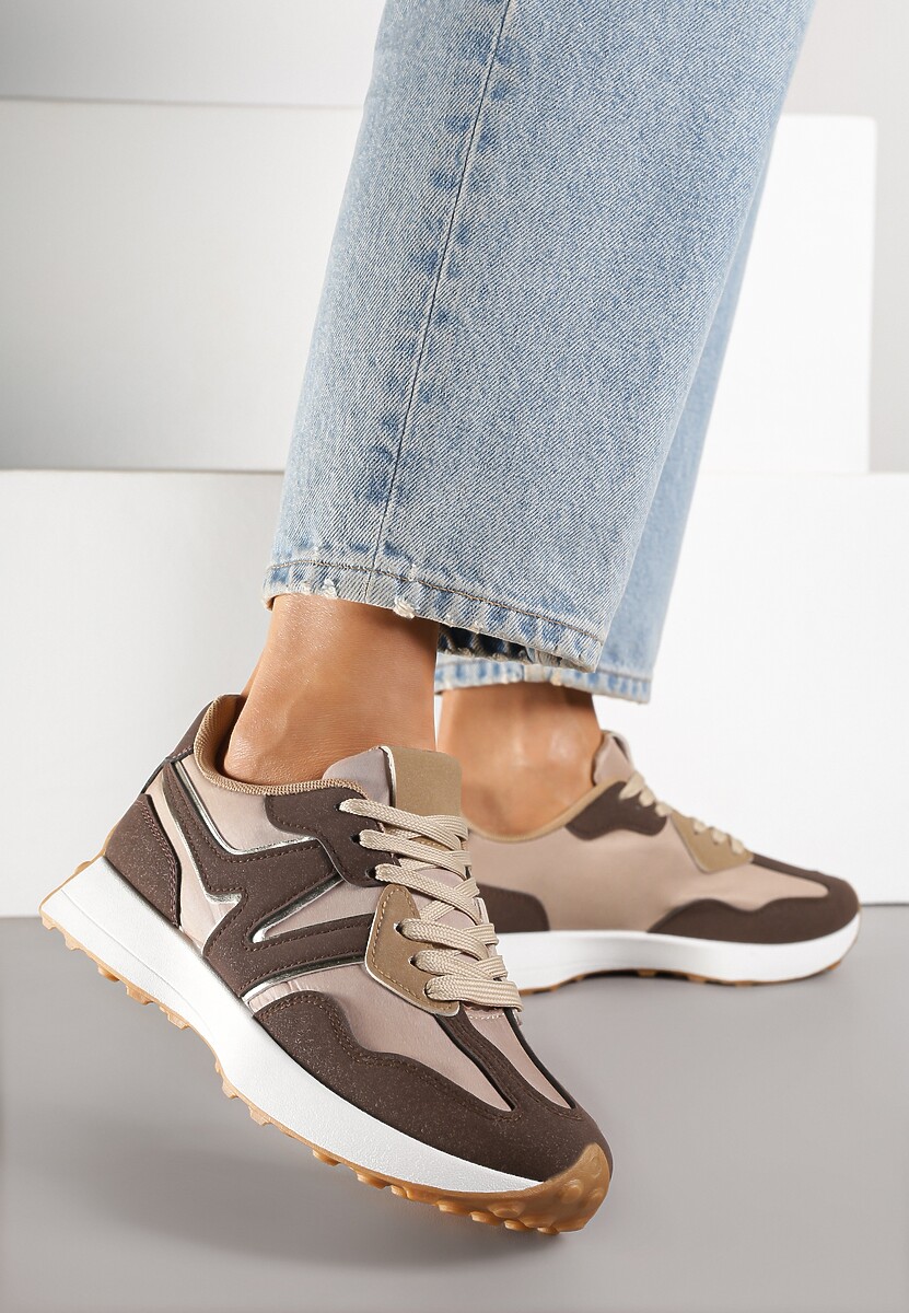 Brązowe Płaskie Sneakersy Ozdobione Geometrycznym Wzorem Rividi 2