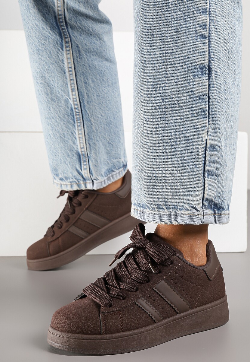 Brązowe Sneakersy na Niskiej Platformie z Naszywkami Flordexia 2