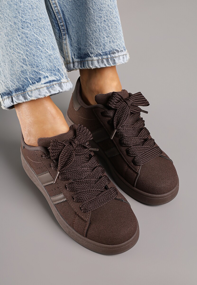 Brązowe Sneakersy na Niskiej Platformie z Naszywkami Flordexia 3