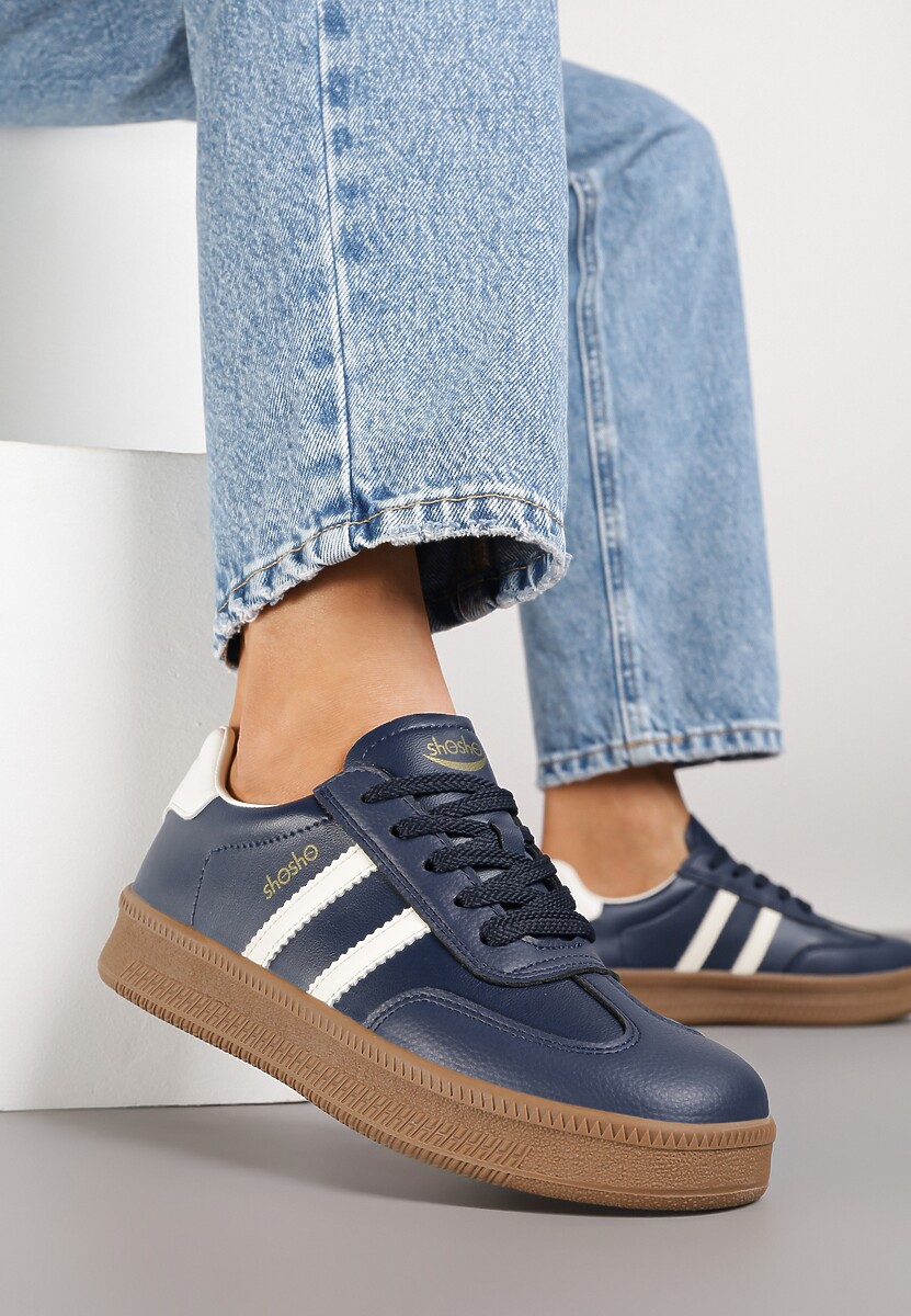 Granatowe Sneakersy Sportowe z Ozdobnymi Paskami i Przeszyciami Wenilan 1