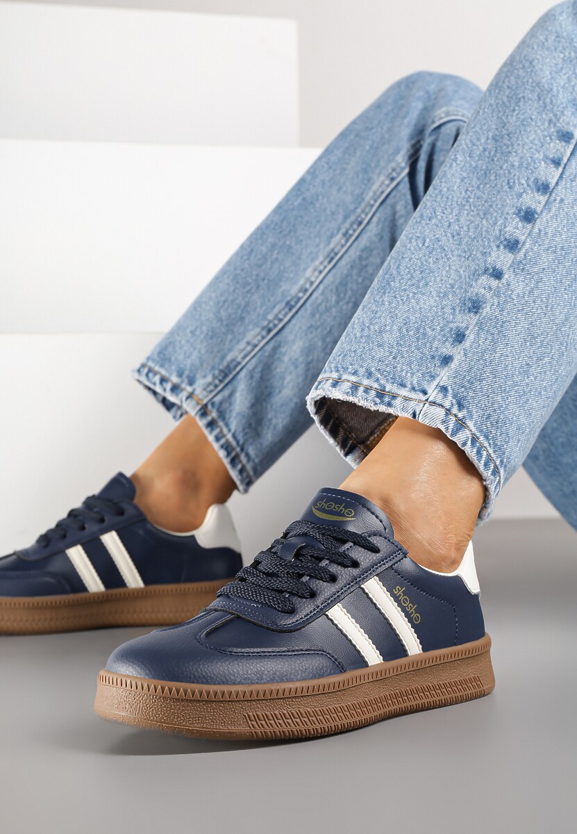 Granatowe Sneakersy Sportowe z Ozdobnymi Paskami i Przeszyciami Wenilan 2