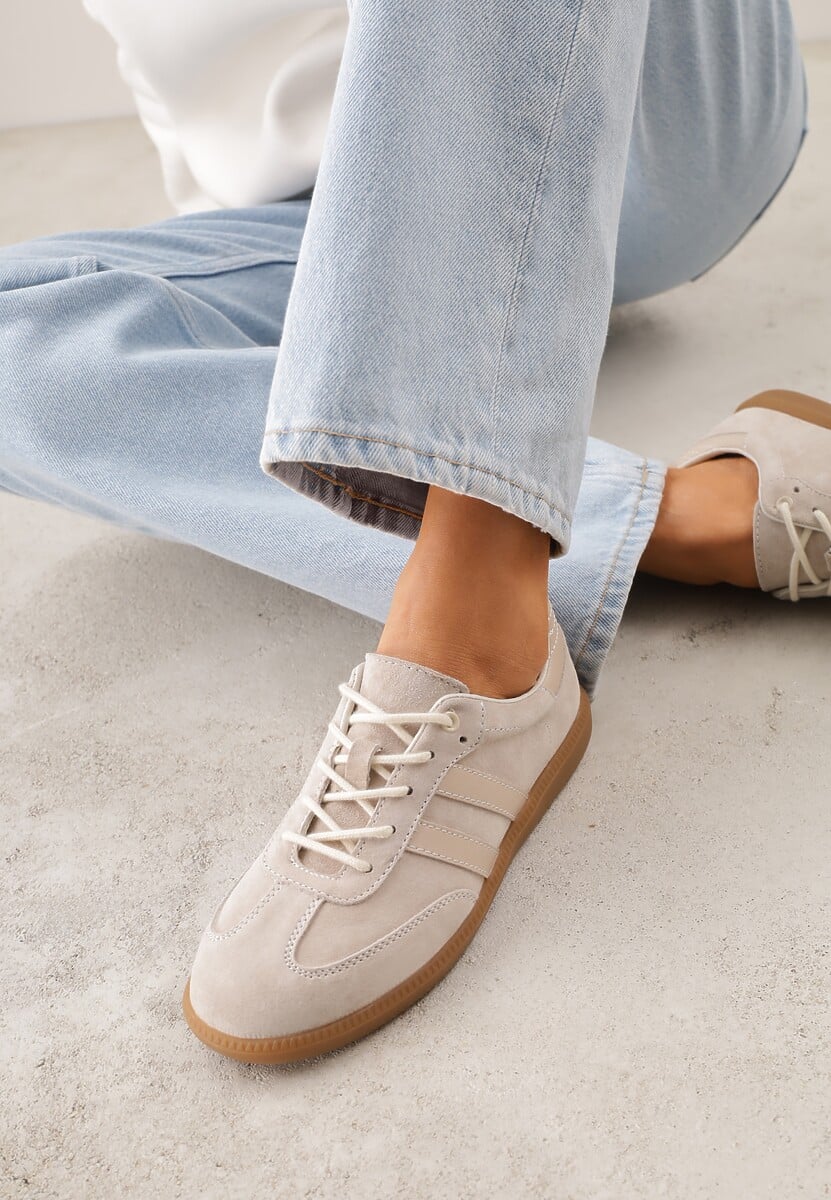 Beżowe Płaskie Sneakersy ze Skóry Naturalnej z Ozdobnymi Paskami Nelarielis 1