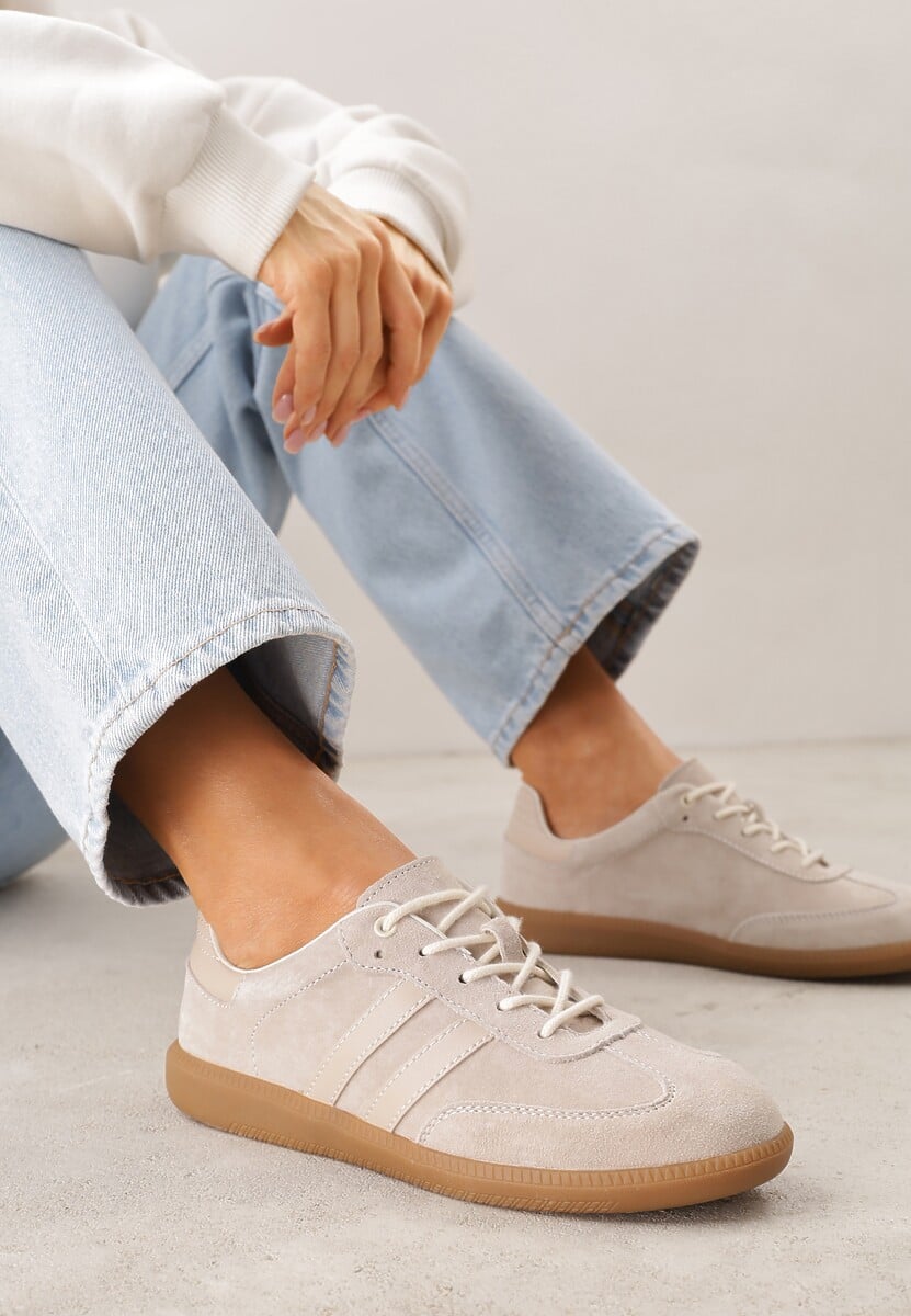 Beżowe Płaskie Sneakersy ze Skóry Naturalnej z Ozdobnymi Paskami Nelarielis 2