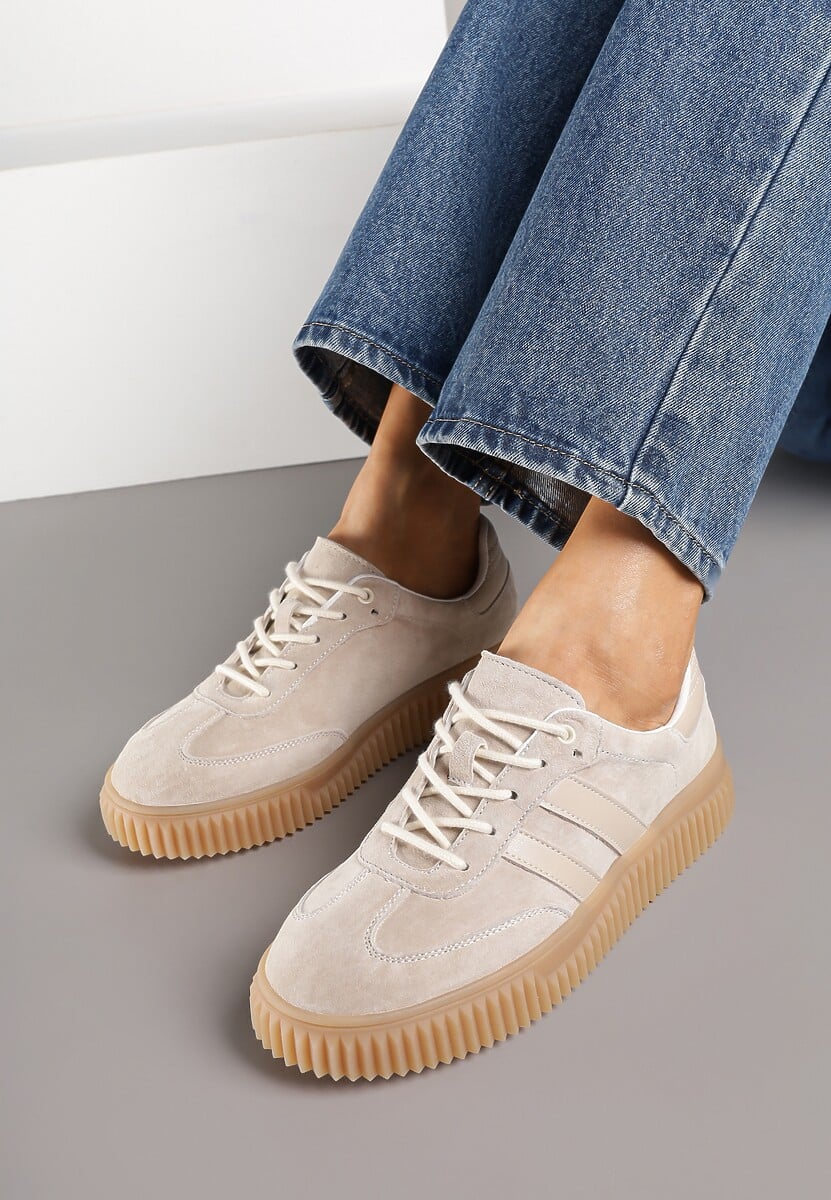 Beżowe Zamszowe Sneakersy Tenisówki z Wkładką ze Skóry Naturalnej Ozdobione Tłoczeniem Meluella 3