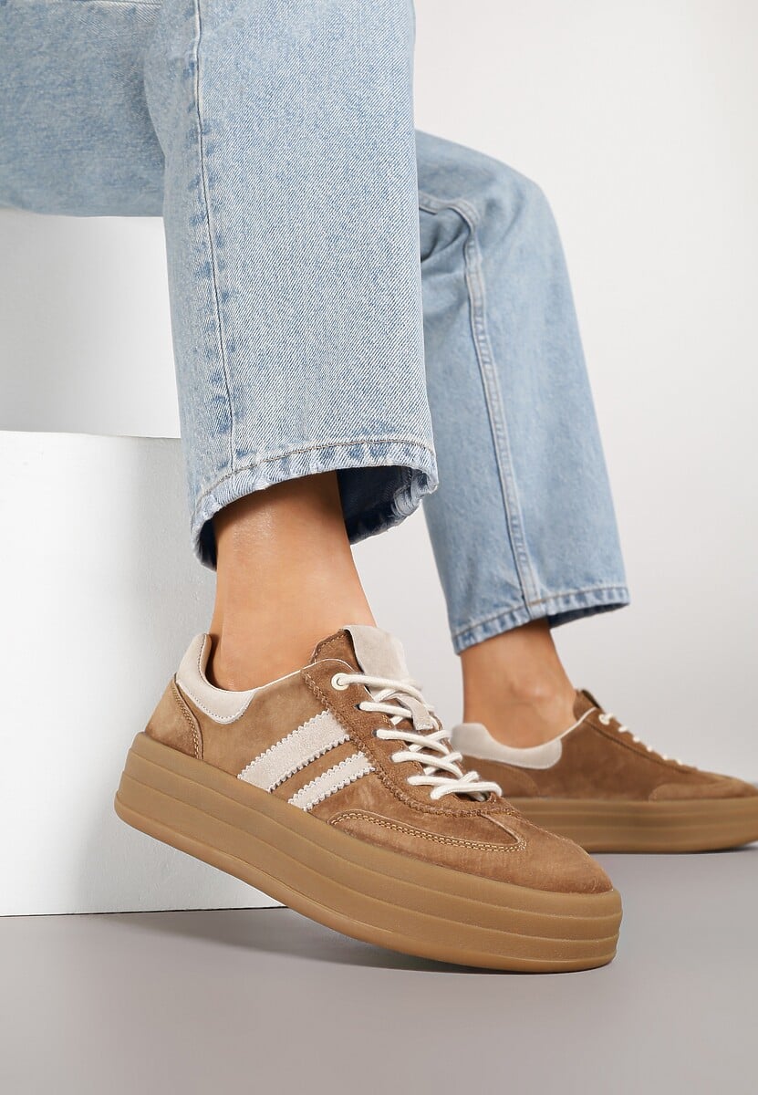 Brązowe Sneakersy Zamszowe na Platformie ze Skórzaną Wkładką Ozdobione Paskiem Adivrie 2