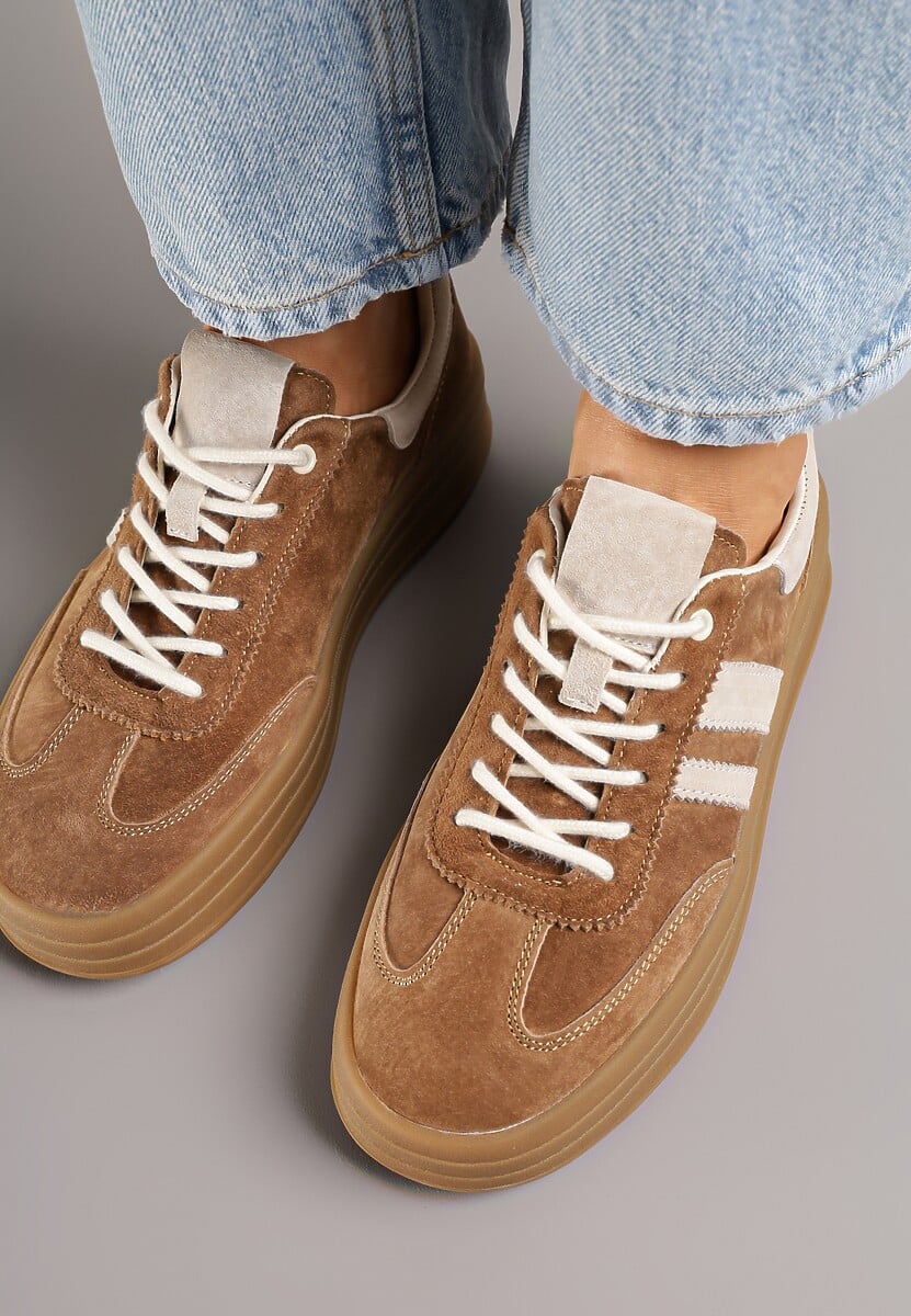 Brązowe Sneakersy Zamszowe na Platformie ze Skórzaną Wkładką Ozdobione Paskiem Adivrie 3