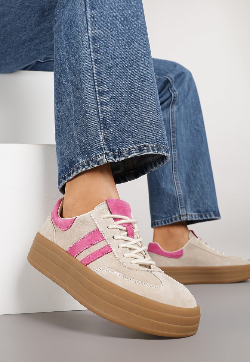Beżowo-Fuksjowe Sneakersy Zamszowe na Platformie ze Skórzaną Wkładką Ozdobione Paskiem Adivrie 1