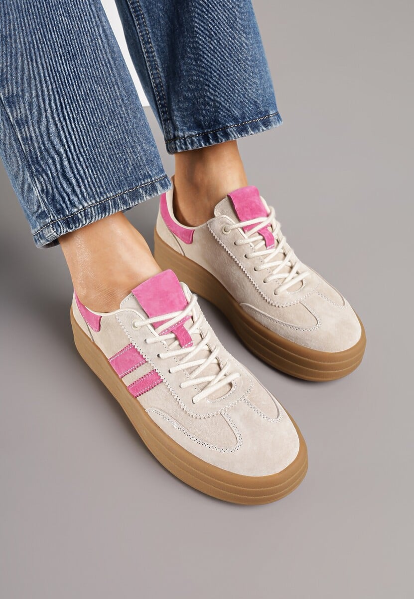 Beżowo-Fuksjowe Sneakersy Zamszowe na Platformie ze Skórzaną Wkładką Ozdobione Paskiem Adivrie 3