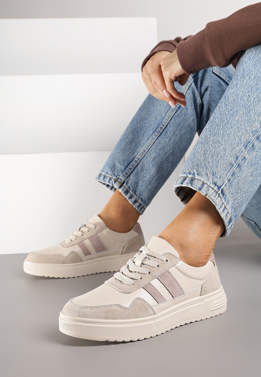 Beżowe Sneakersy ze Skóry Naturalnej Ozdobione Paskami Arabbela 1