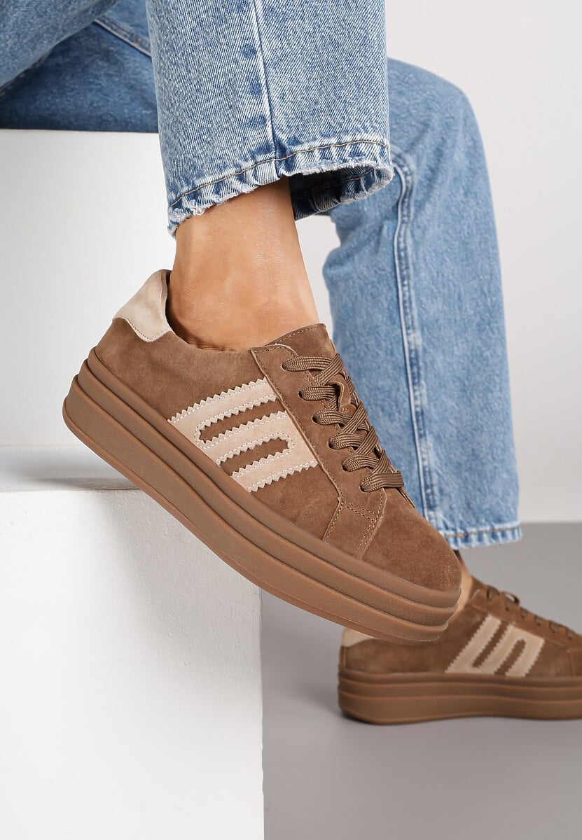 Brązowe Sneakersy Zamszowe na Platformie z Wkładką ze Skóry Naturalnej i Aplikacją Rilarina 2