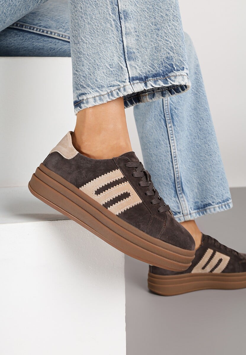 Ciemnobrązowe Sneakersy Zamszowe na Platformie z Wkładką ze Skóry Naturalnej i Aplikacją Rilarina 1
