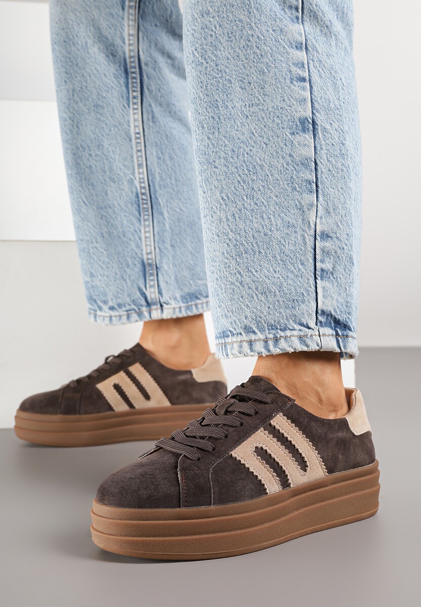 Ciemnobrązowe Sneakersy Zamszowe na Platformie z Wkładką ze Skóry Naturalnej i Aplikacją Rilarina 2