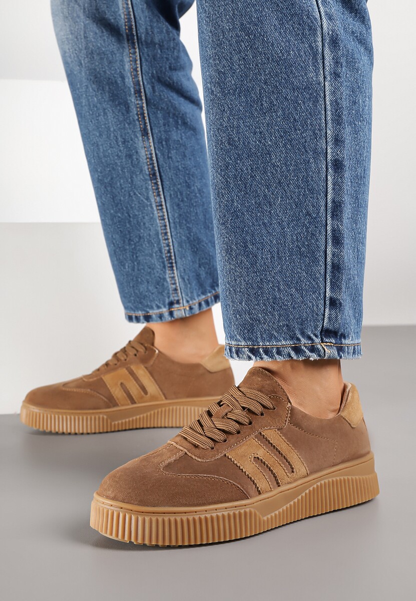 Brązowe Skórzane Sneakersy w Stylu Tenisówek z Geometrycznym Wzorem Halossea 2