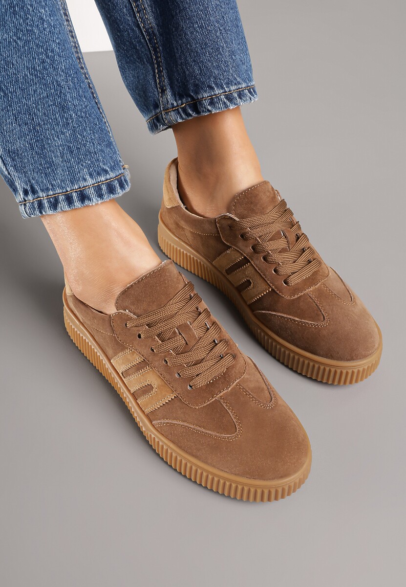 Brązowe Skórzane Sneakersy w Stylu Tenisówek z Geometrycznym Wzorem Halossea 3