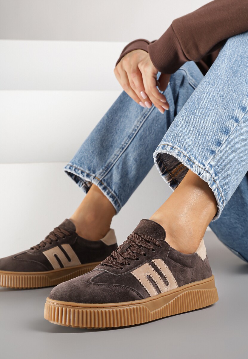Ciemnobrązowe Skórzane Sneakersy w Stylu Tenisówek z Geometrycznym Wzorem Halossea 1