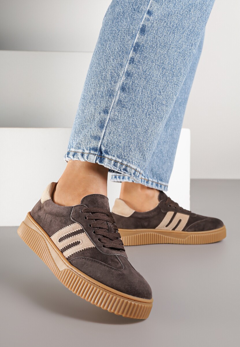 Ciemnobrązowe Skórzane Sneakersy w Stylu Tenisówek z Geometrycznym Wzorem Halossea 2