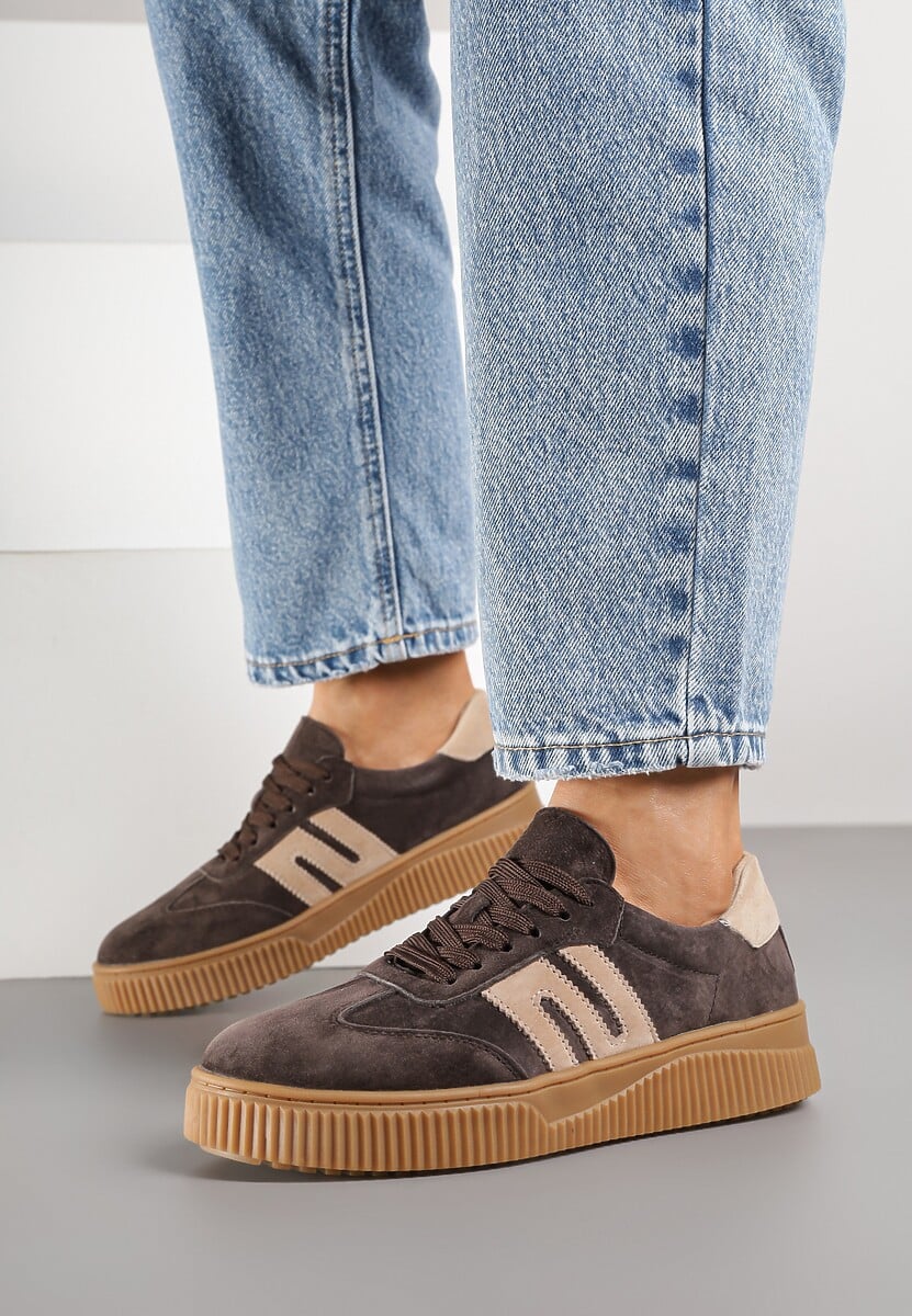 Ciemnobrązowe Skórzane Sneakersy w Stylu Tenisówek z Geometrycznym Wzorem Halossea 3